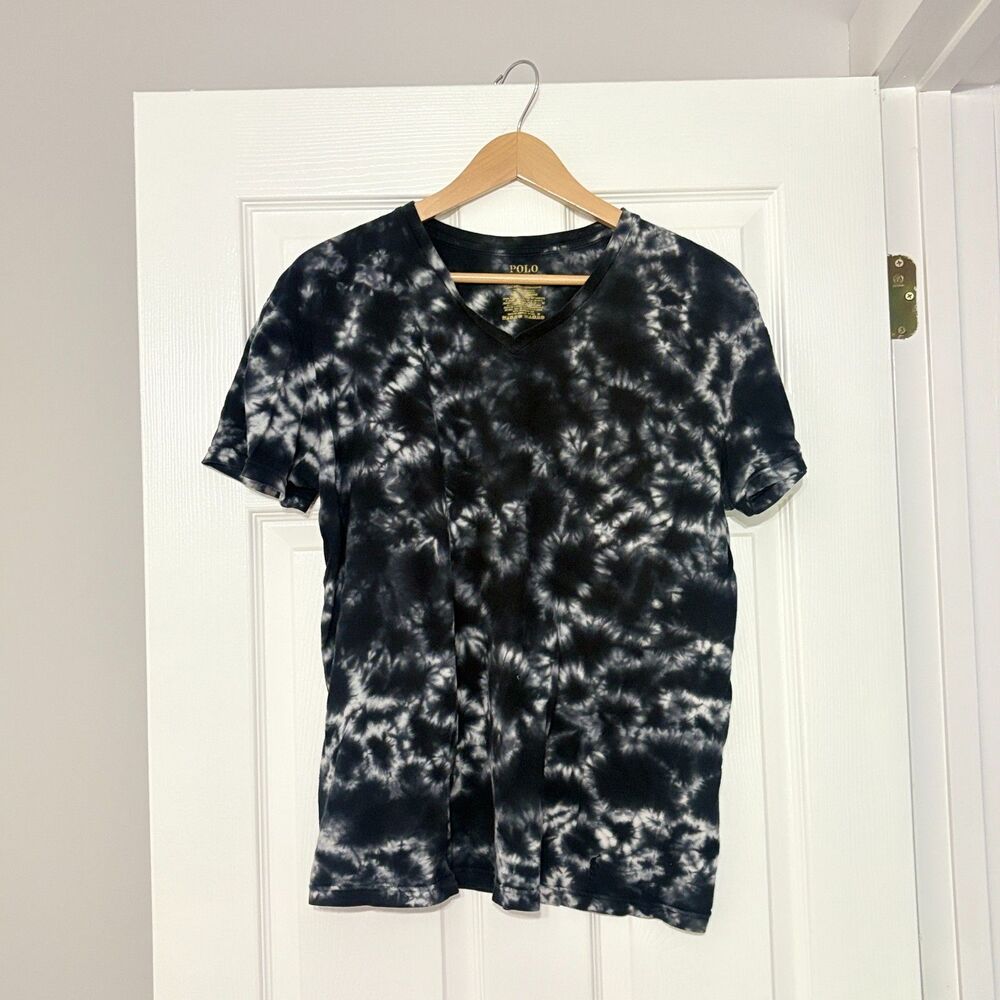 Polo Ralph Lauren Tshirt Women’s L Black White VNeck Tie Dye Cotton Short Sleeve